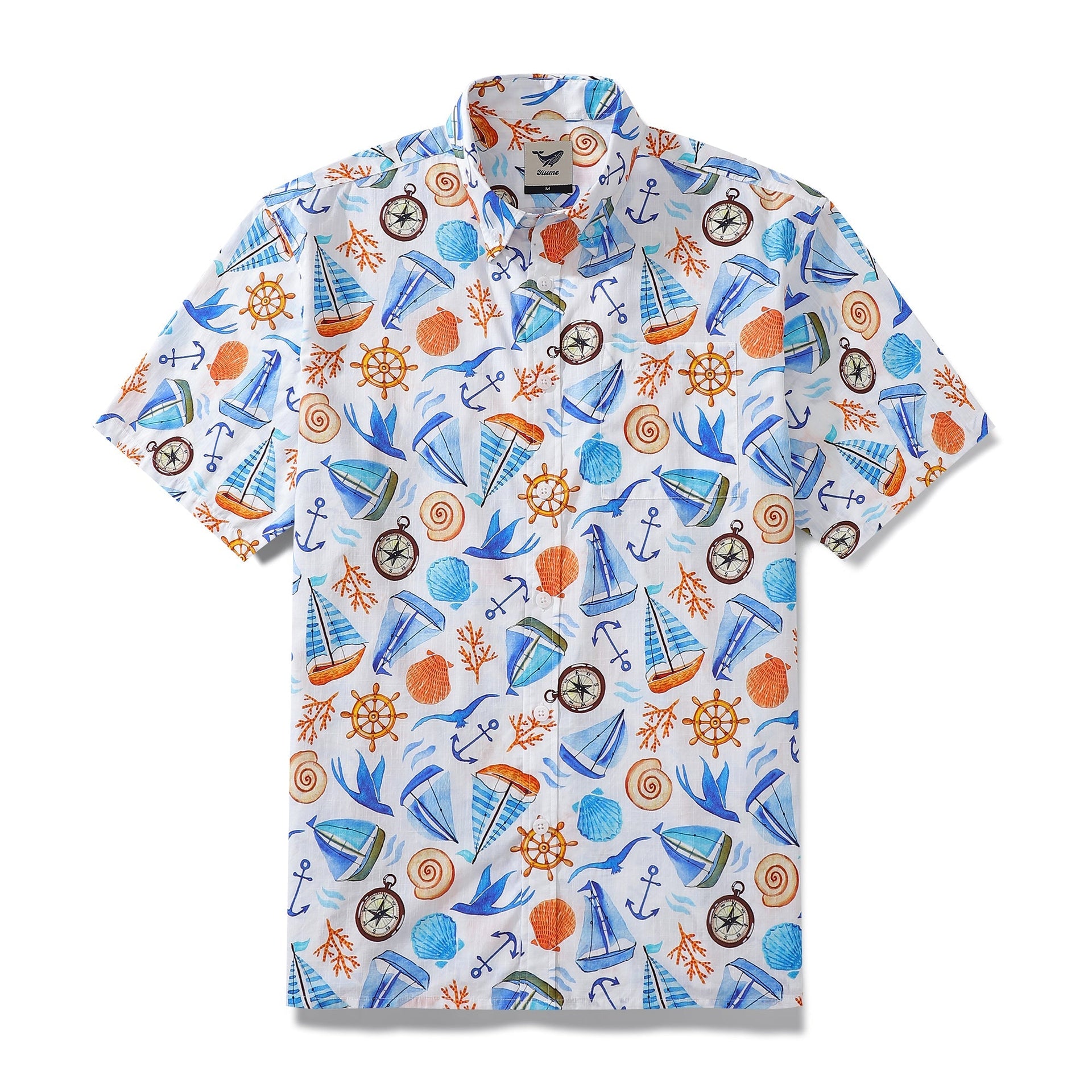 1970s vintage sailing adventure Hawaiian shirt with hand-painted nautical watercolor print.