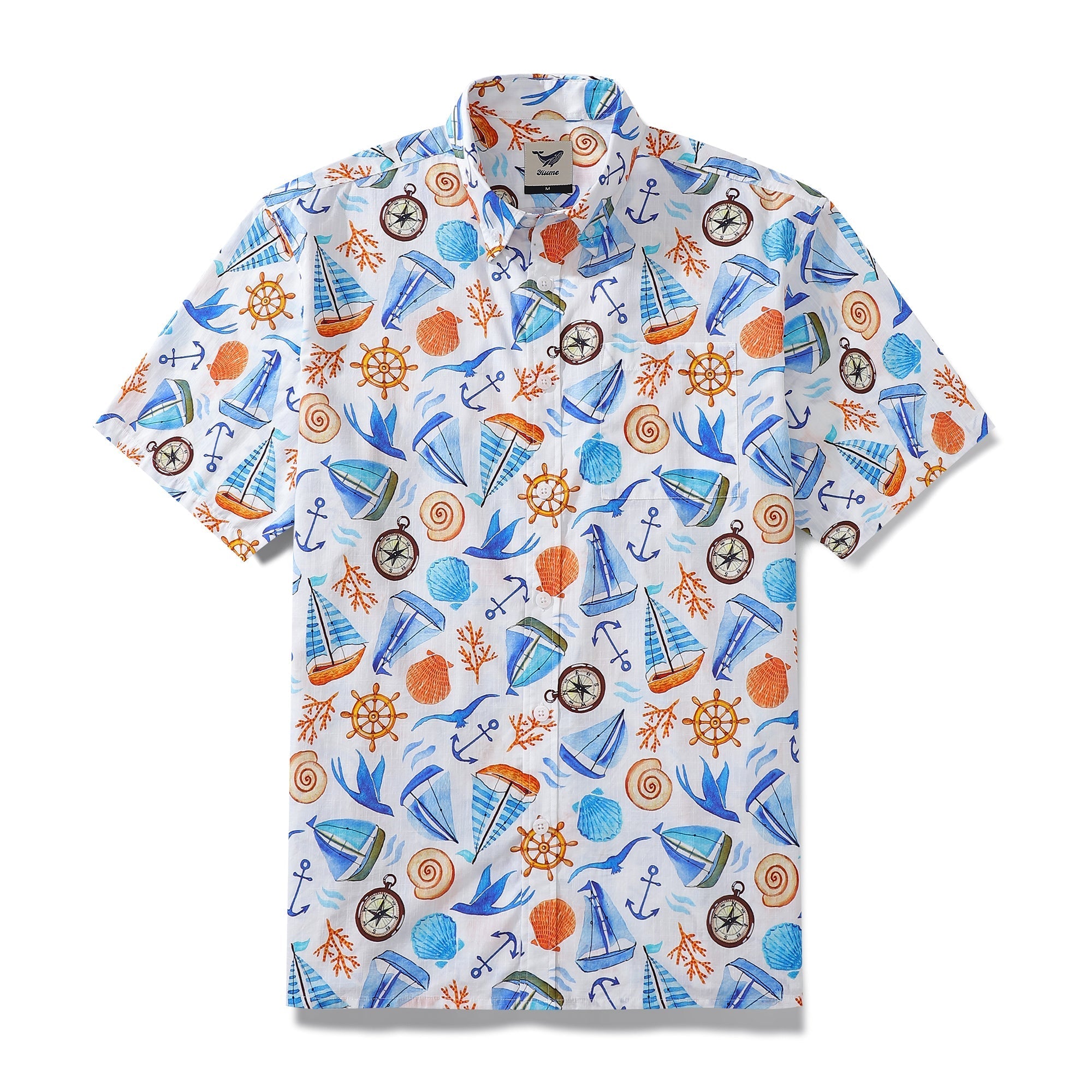 1970s vintage sailing adventure Hawaiian shirt with hand-painted nautical watercolor print.