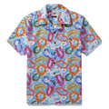 Men's blue and multi-color floral wreath print cotton shirt with camp collar
