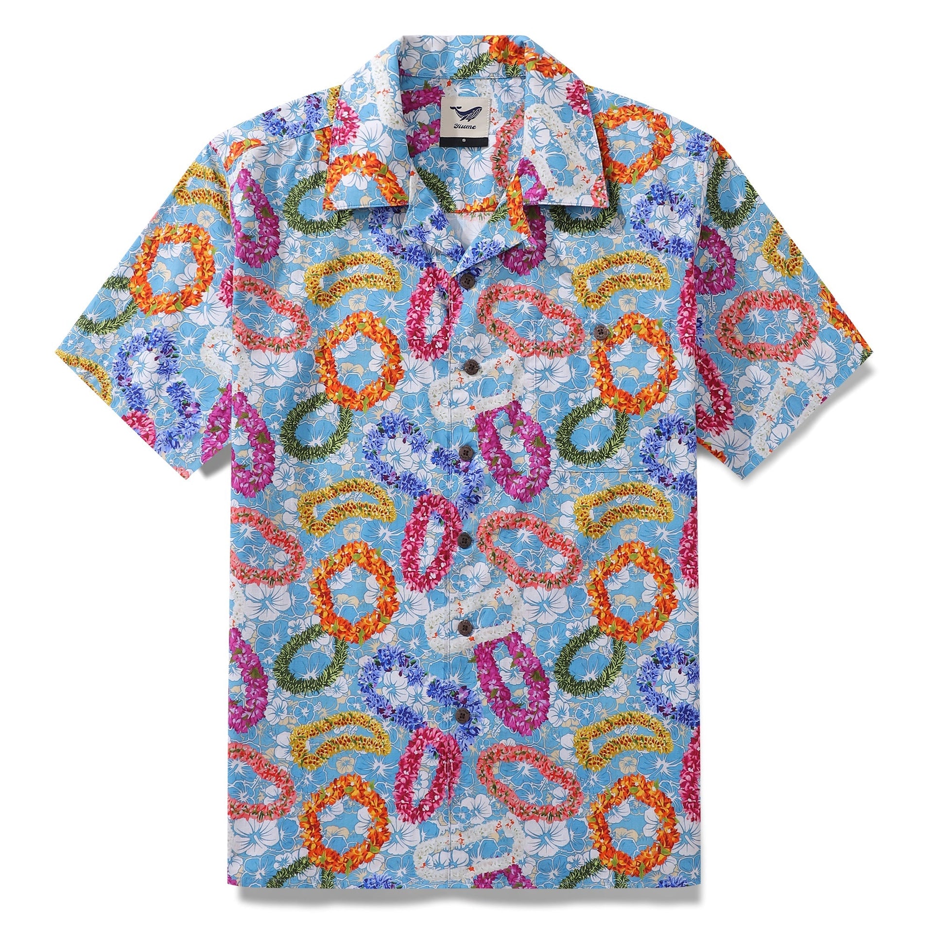 Men's blue and multi-color floral wreath print cotton shirt with camp collar