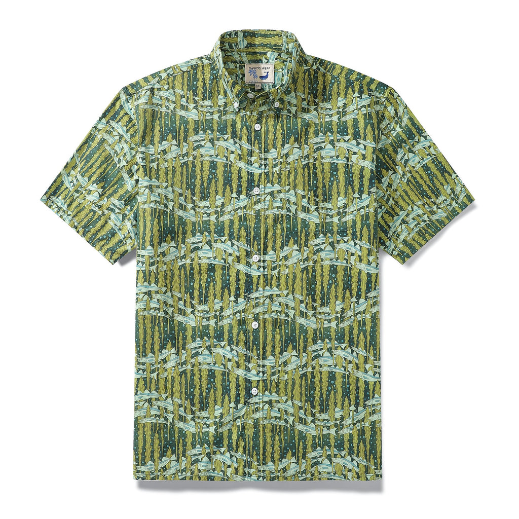 Men's retro Hawaiian shirt featuring a snowfish and seaweed print in a short-sleeve button-down style.