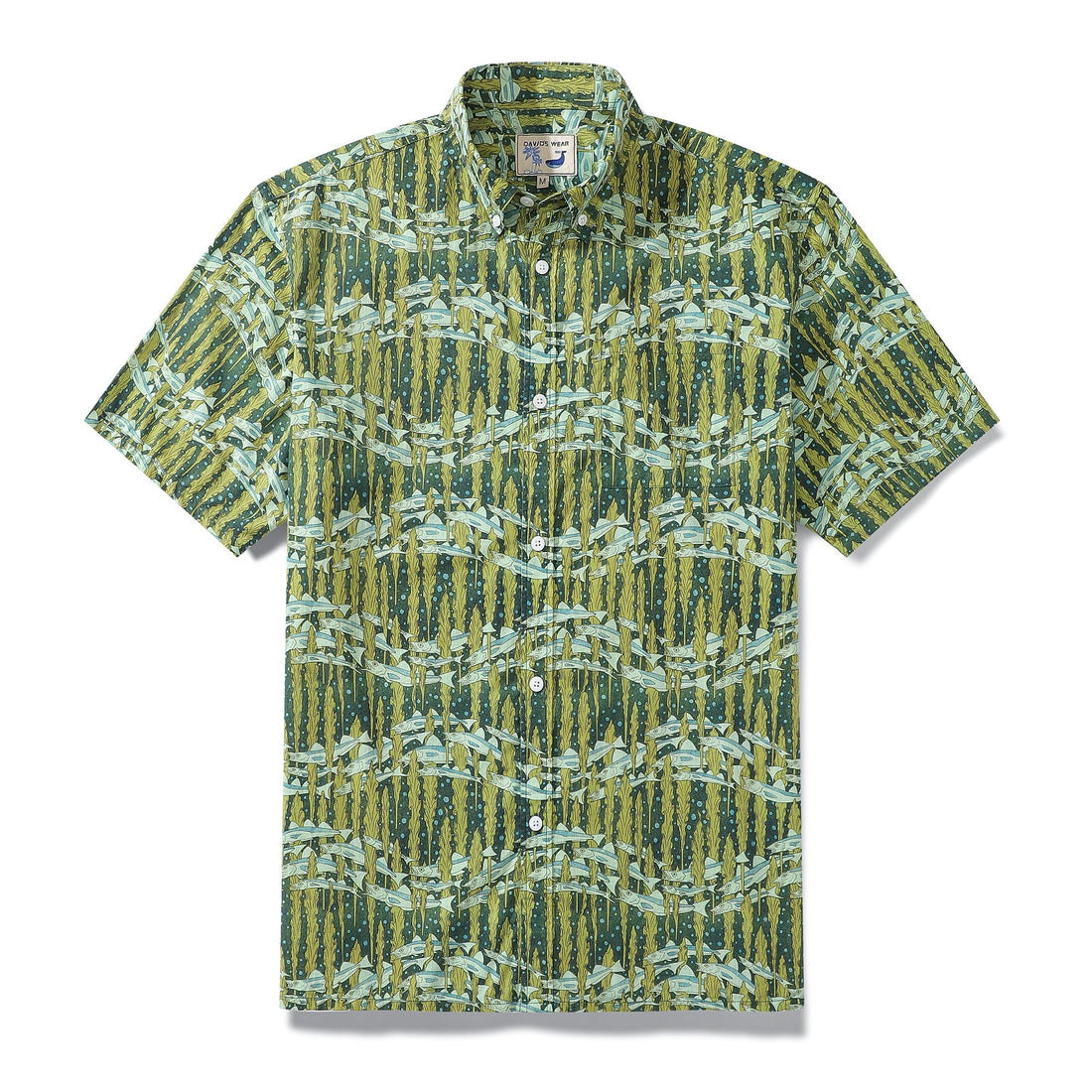 Men's retro Hawaiian shirt featuring a snowfish and seaweed print in a short-sleeve button-down style.