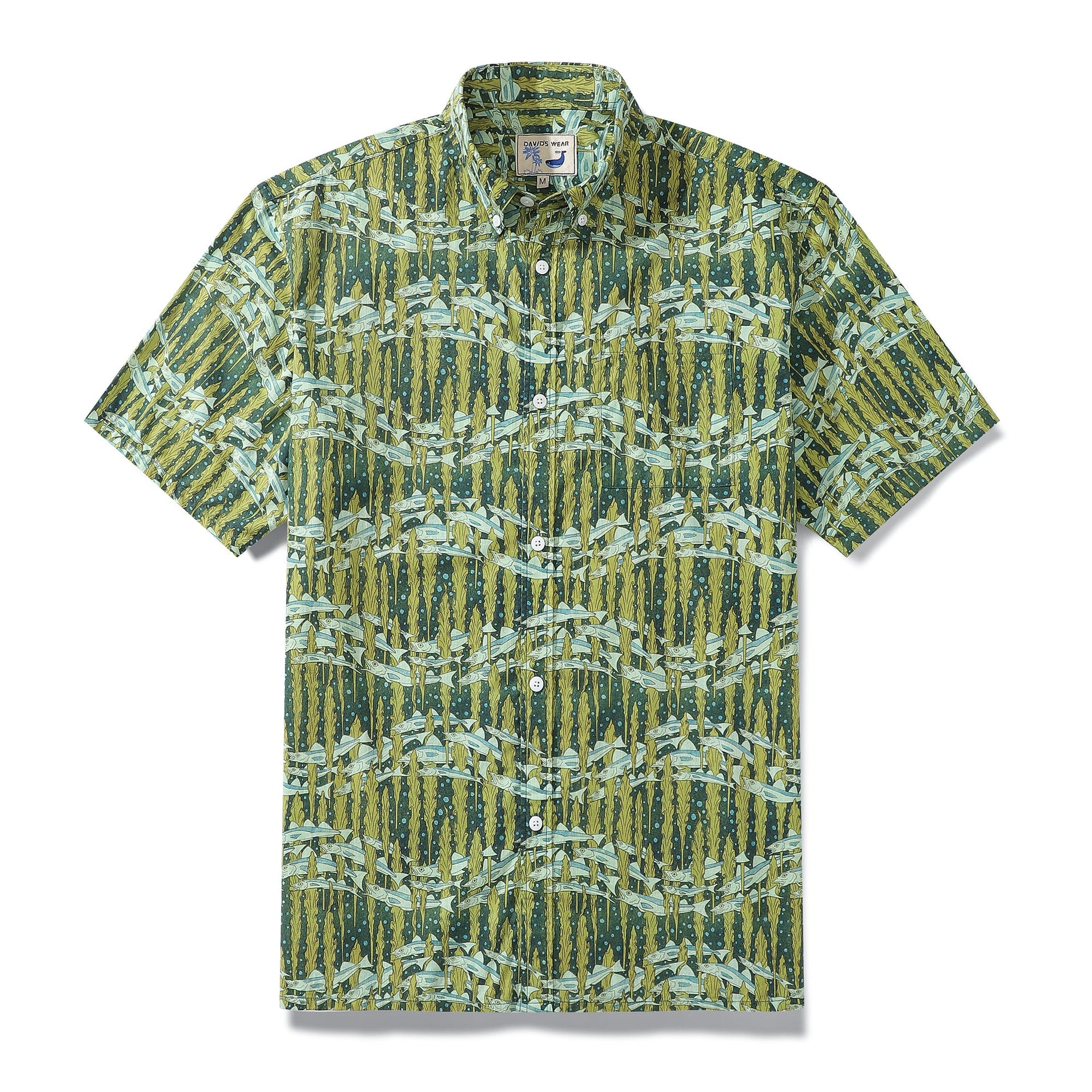 Men's retro Hawaiian shirt featuring a snowfish and seaweed print in a short-sleeve button-down style.