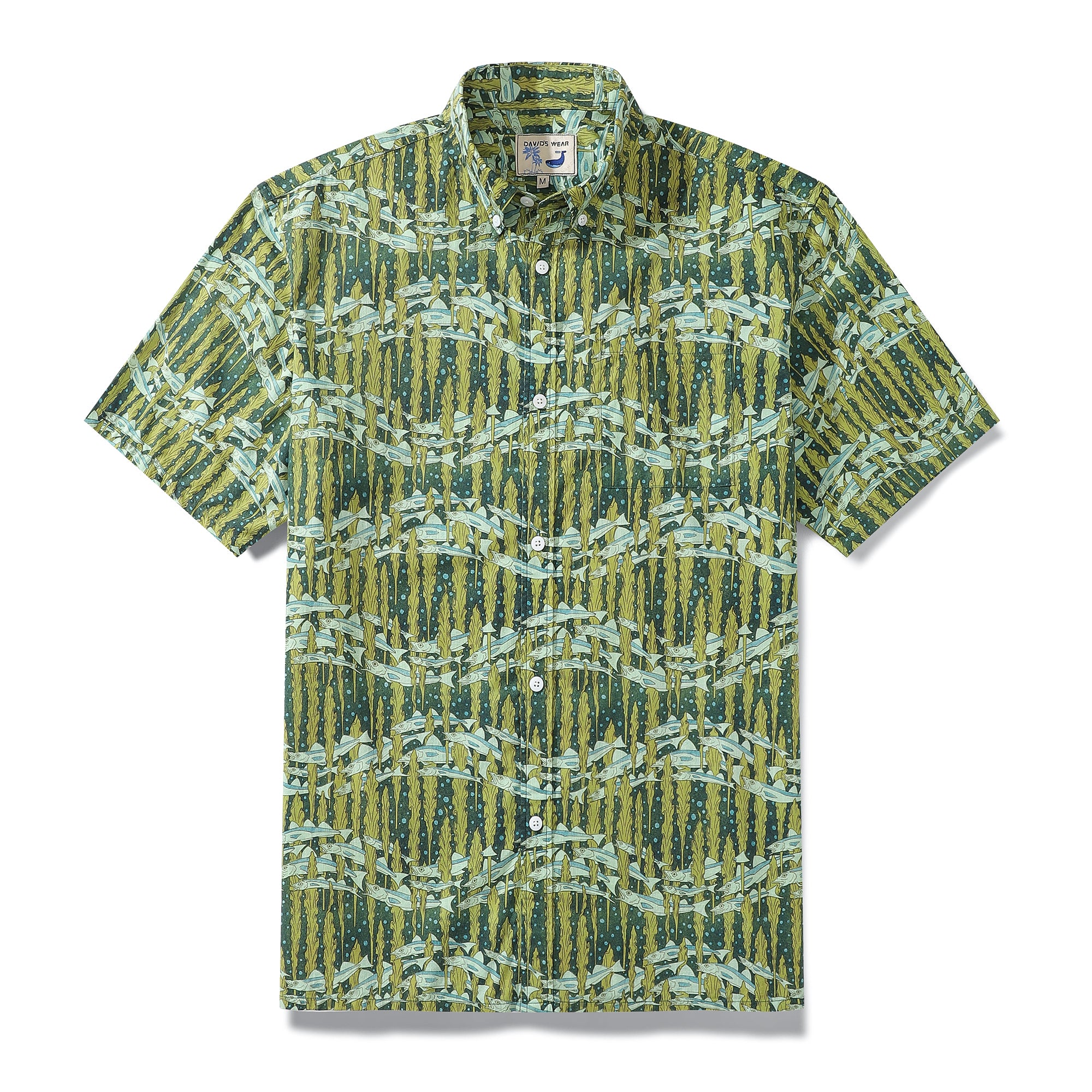 Men's retro Hawaiian shirt featuring a snowfish and seaweed print in a short-sleeve button-down style.