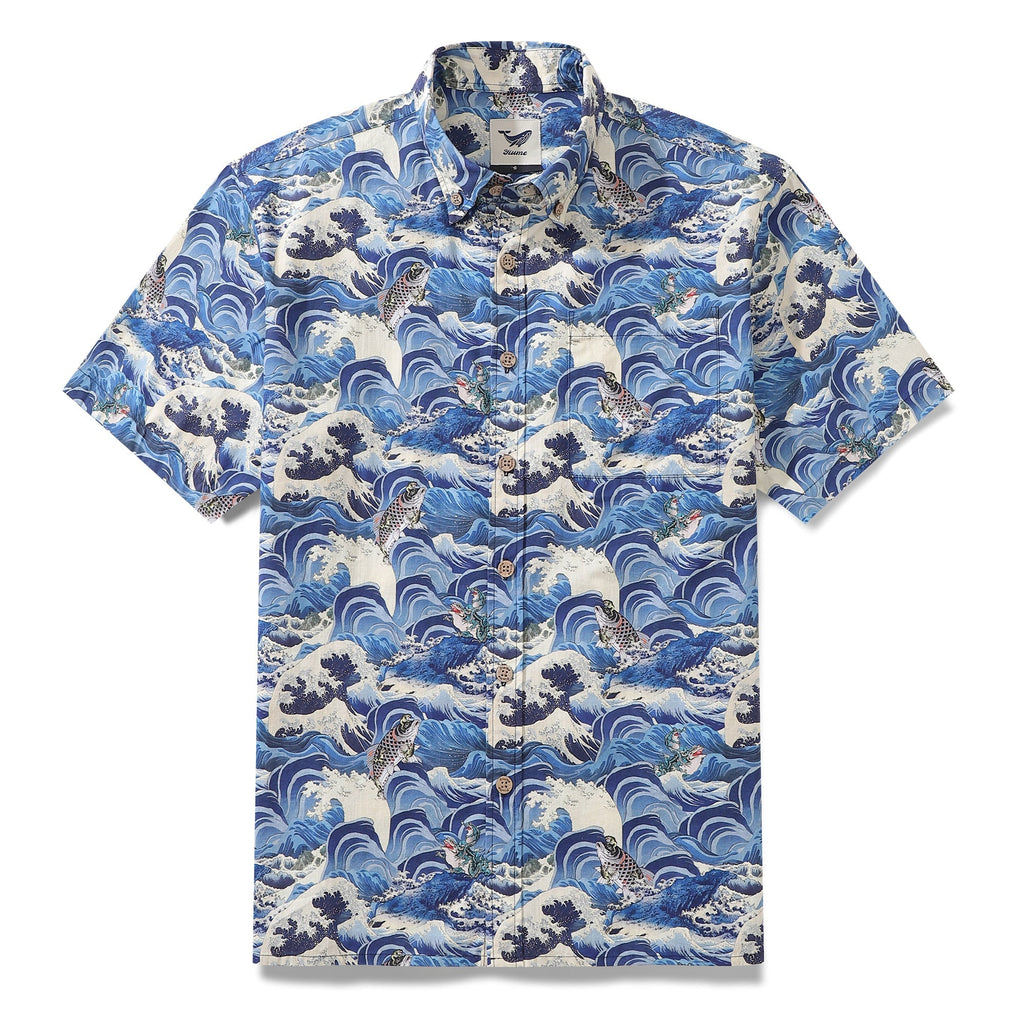 Men's blue and white cotton Hawaiian shirt with gold toad and carp pattern