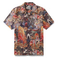 Men's camp collar shirt featuring Dunhuang mural style print of deer and mountains