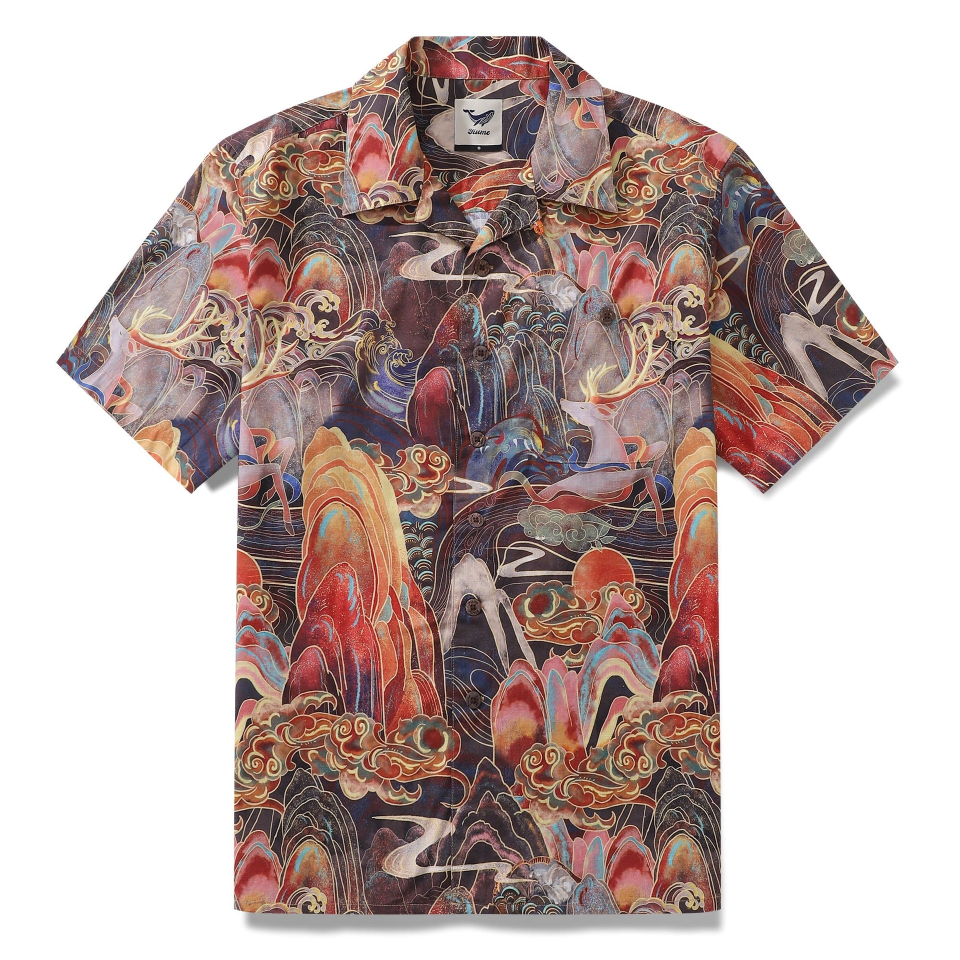 Men's camp collar shirt featuring Dunhuang mural style print of deer and mountains