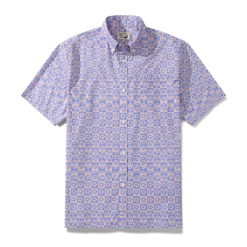 Men's retro hibiscus floral shirt in periwinkle and light-pink cotton fabric.