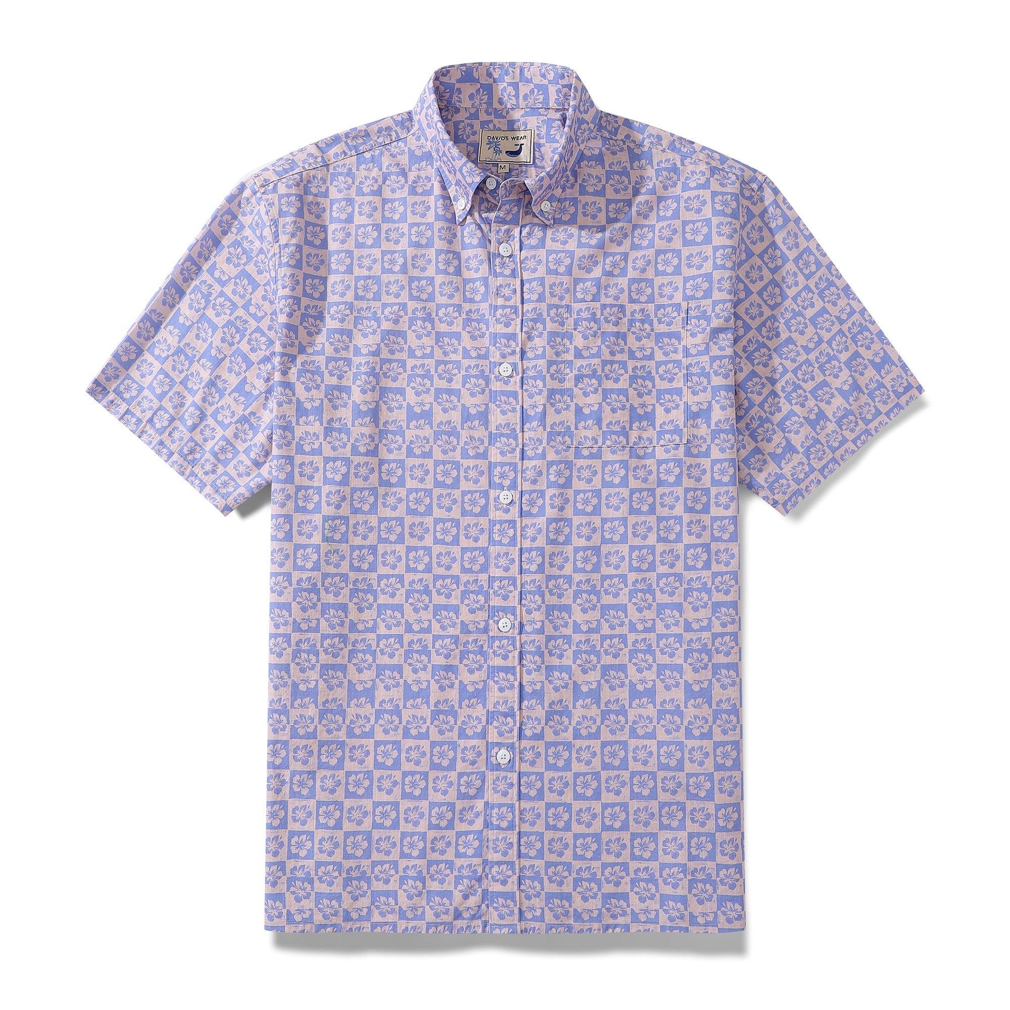 Men's retro hibiscus floral shirt in periwinkle and light-pink cotton fabric.