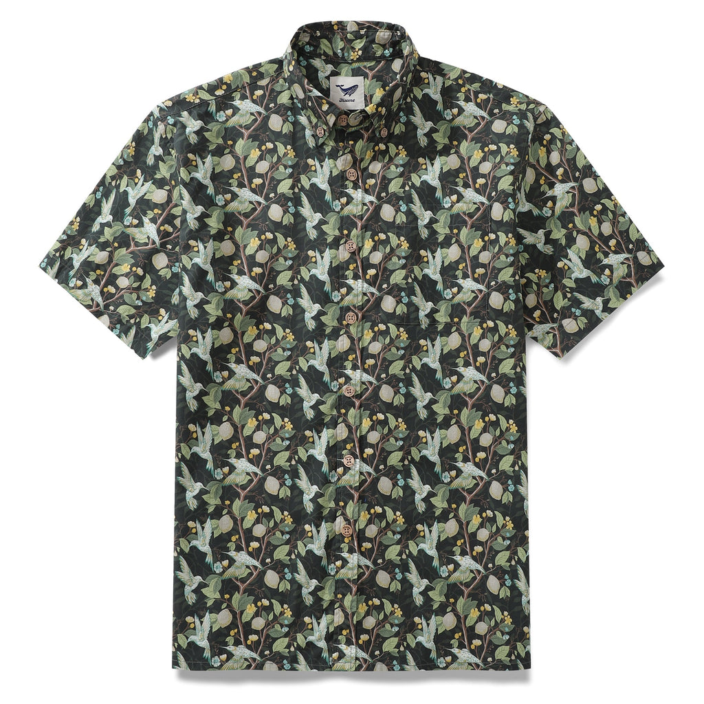 Men's blue Hawaiian shirt featuring a hummingbird and lemon tree print with short sleeves and button-down front.