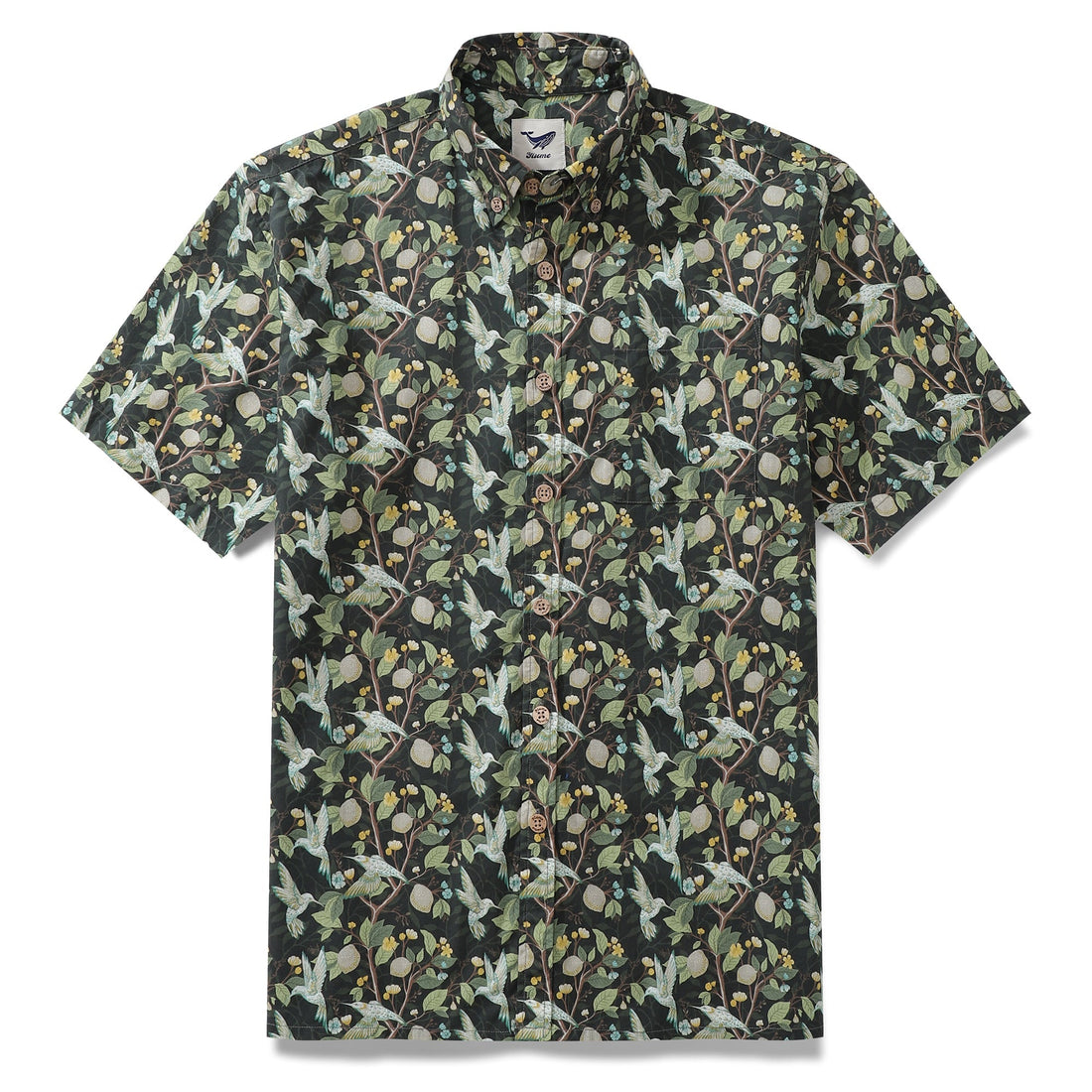 Men's blue Hawaiian shirt featuring a hummingbird and lemon tree print with short sleeves and button-down front.