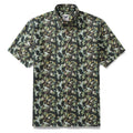 Men's blue Hawaiian shirt featuring a hummingbird and lemon tree print with short sleeves and button-down front.