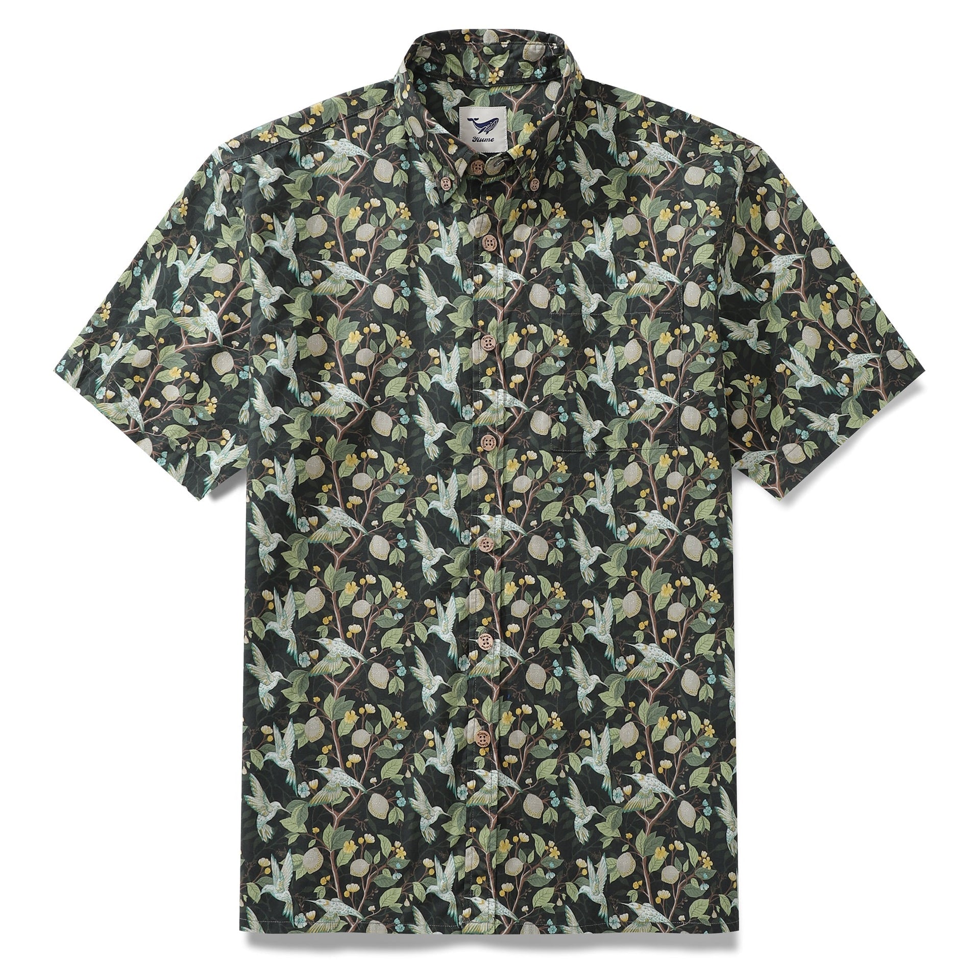 Men's blue Hawaiian shirt featuring a hummingbird and lemon tree print with short sleeves and button-down front.