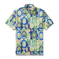 Men wearing a vintage totem print 100% cotton button-down Aloha shirt with a relaxed fit
