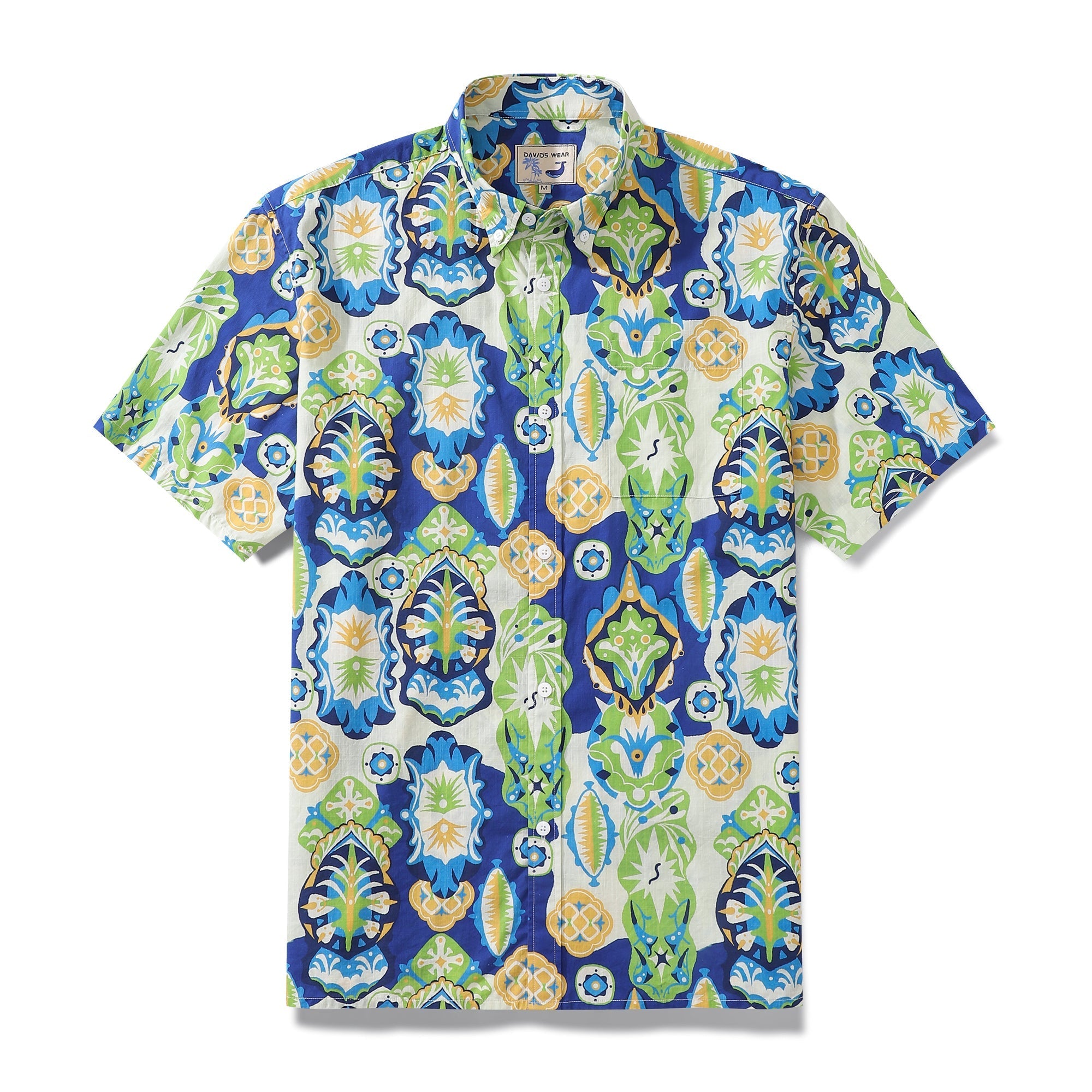 Men wearing a vintage totem print 100% cotton button-down Aloha shirt with a relaxed fit