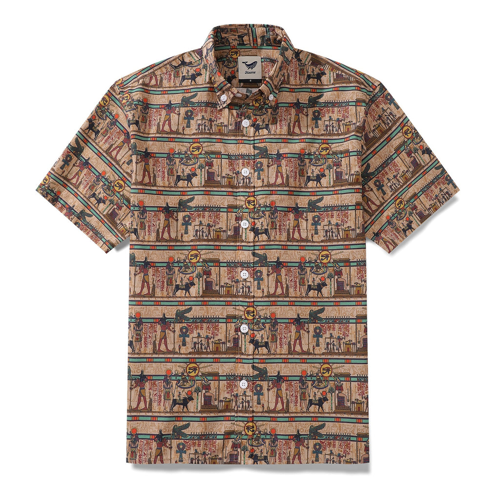 Men's wrinkle-free short sleeve Hawaiian shirt with brown and multi-color Egyptian mural print