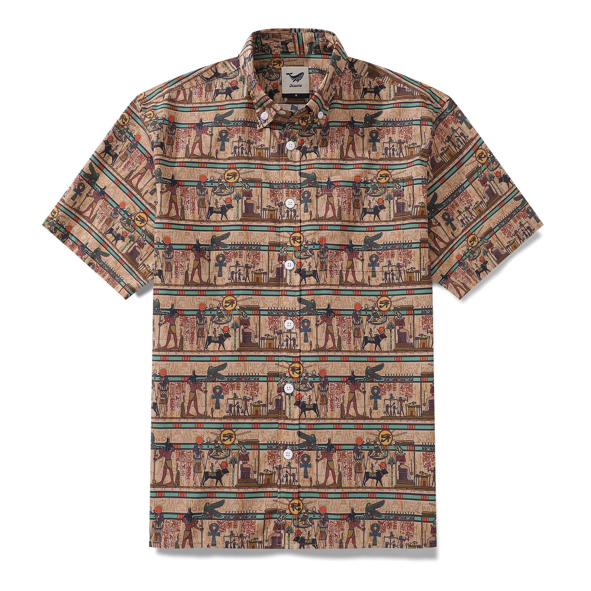 Men's wrinkle-free short sleeve Hawaiian shirt with brown and multi-color Egyptian mural print