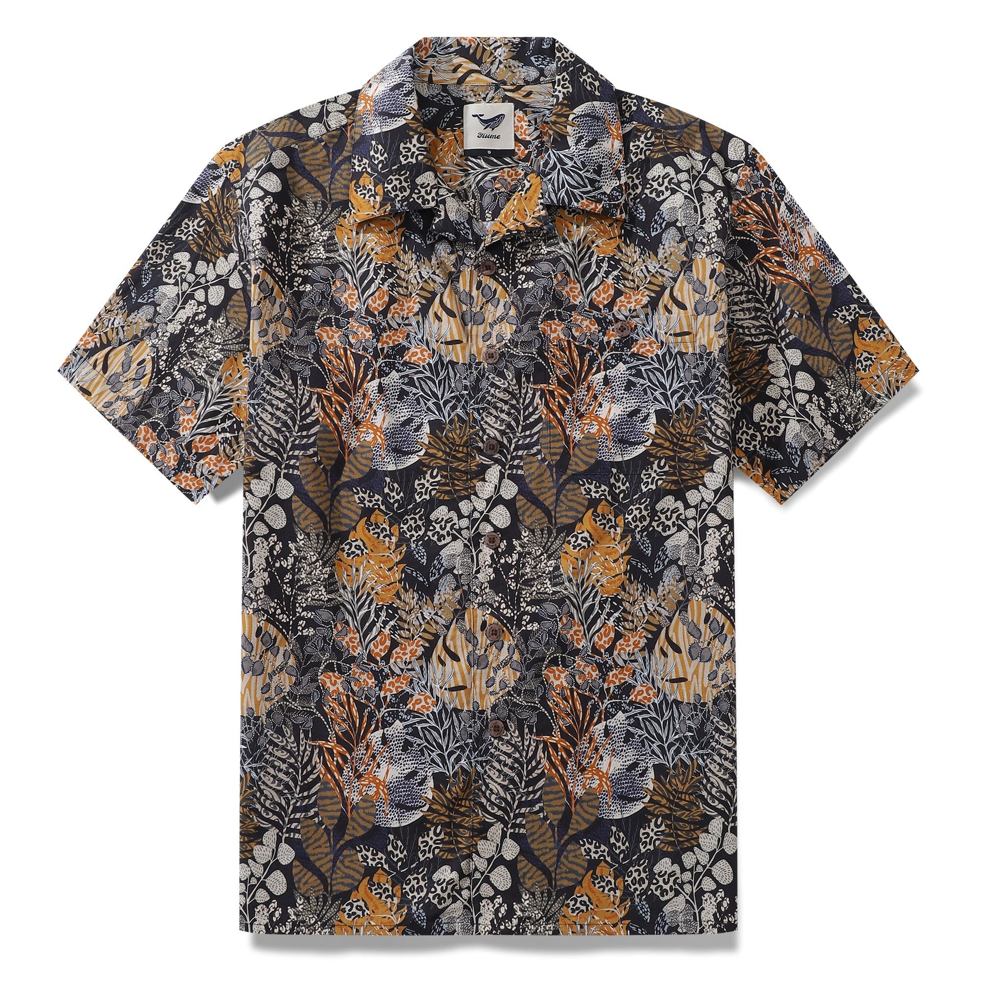 Tropical Hawaiian shirt featuring animal-patterned leaves in black, mustard-yellow, and white.