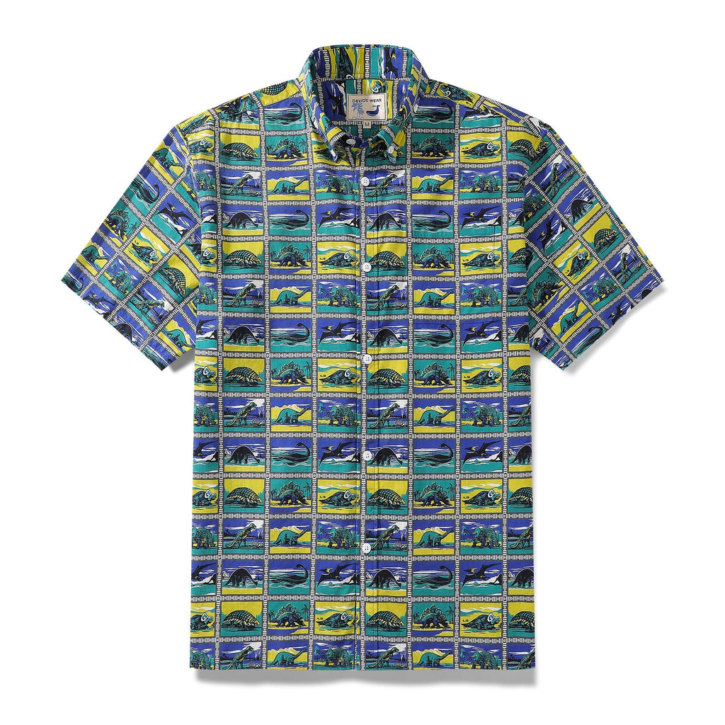 Men's cotton shirt with a retro dinosaur grid stamp print