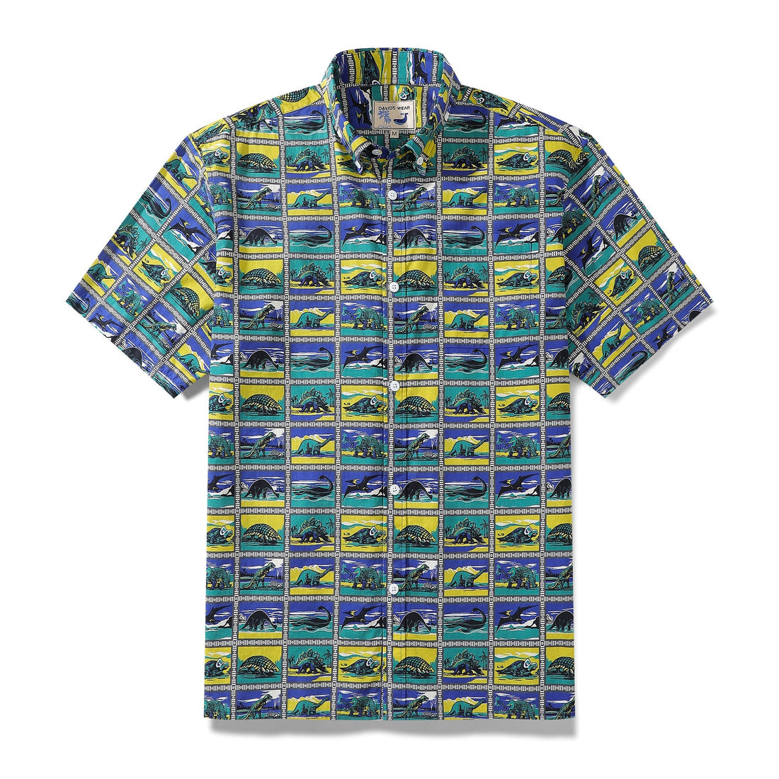 Men's cotton shirt with a retro dinosaur grid stamp print