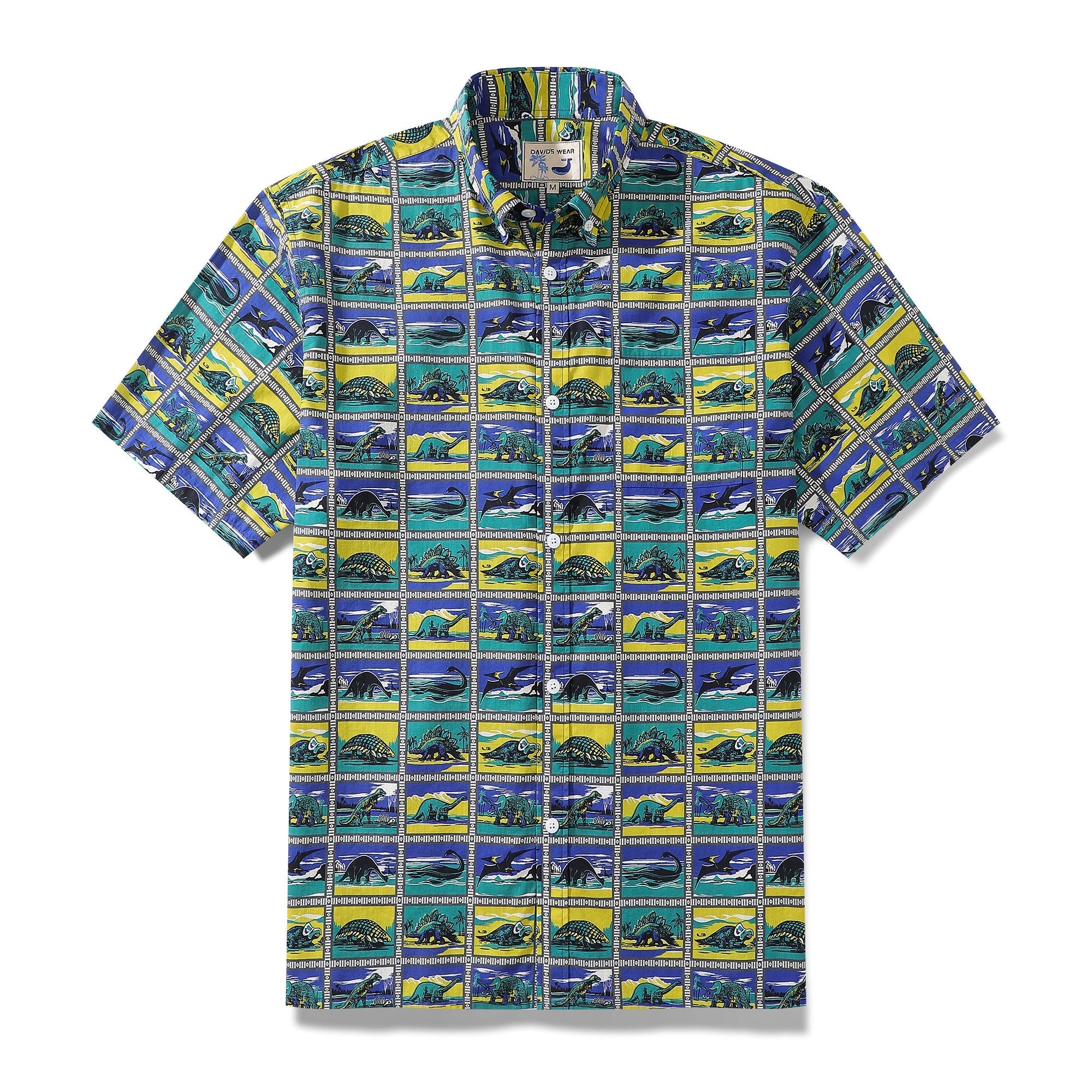 Men's cotton shirt with a retro dinosaur grid stamp print