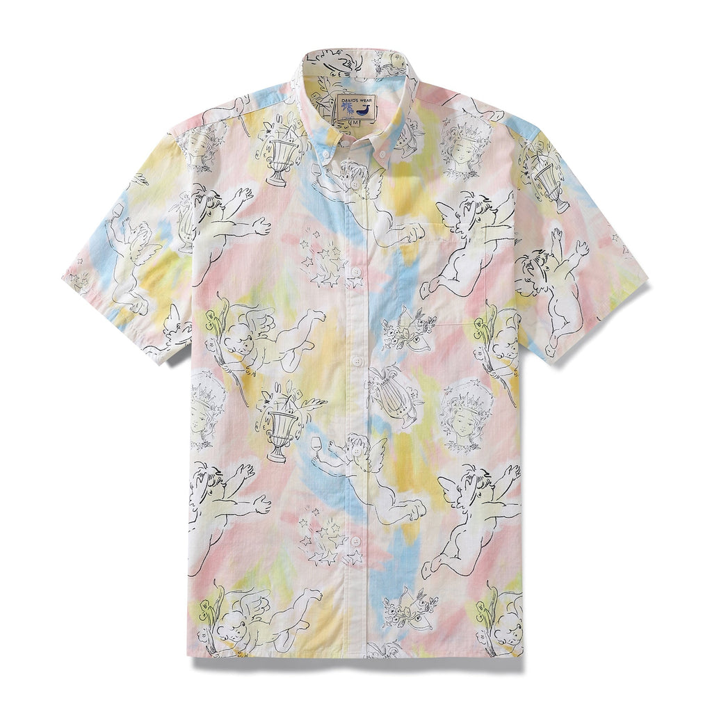 1980s vintage men's Hawaiian shirt with colorful abstract angel's ball print on white cotton