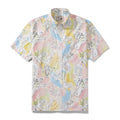 1980s vintage men's Hawaiian shirt with colorful abstract angel's ball print on white cotton