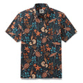 Men's Honu Hideaway Hawaiian shirt featuring sea turtle and floral print in black, orange, and teal.