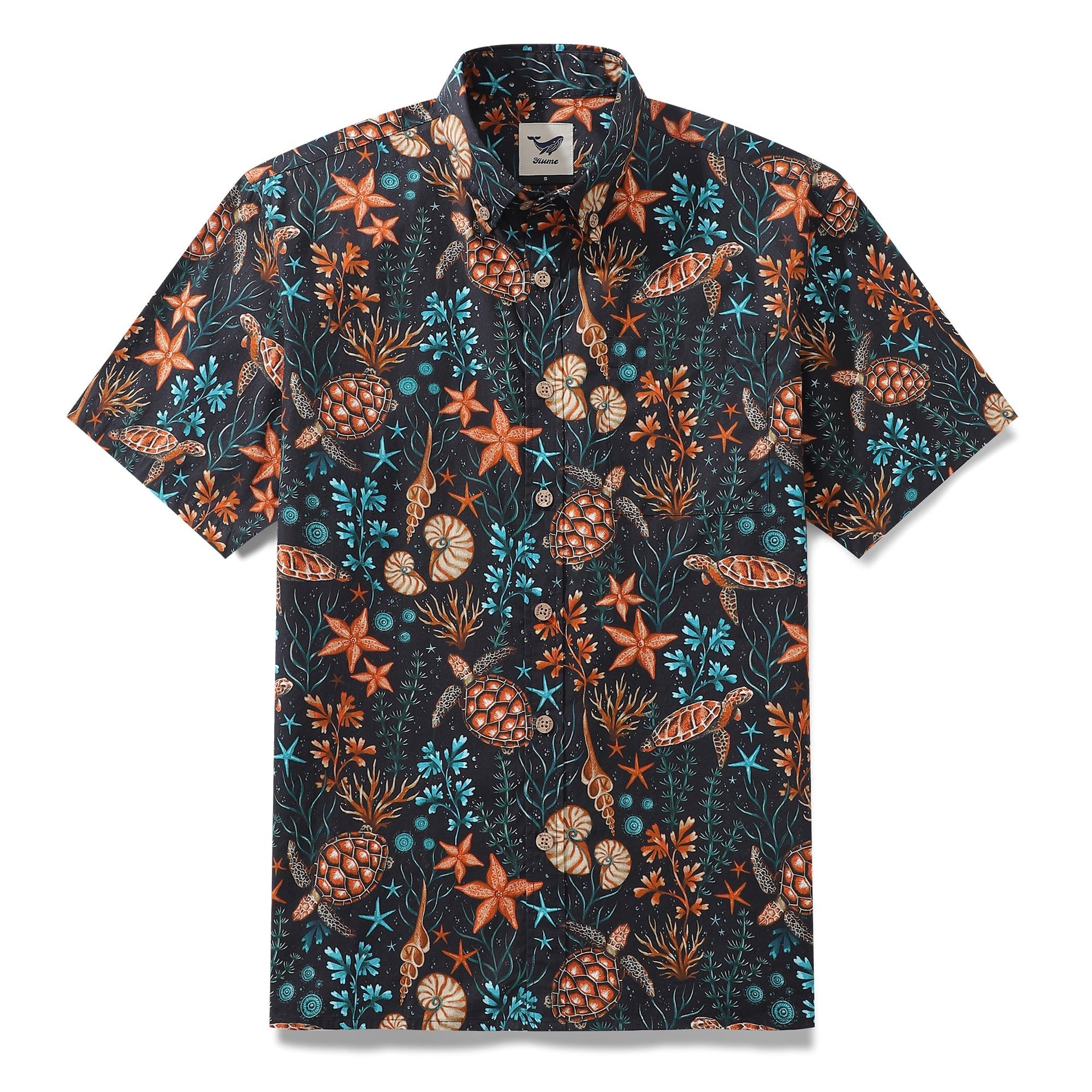 Men's Honu Hideaway Hawaiian shirt featuring sea turtle and floral print in black, orange, and teal.