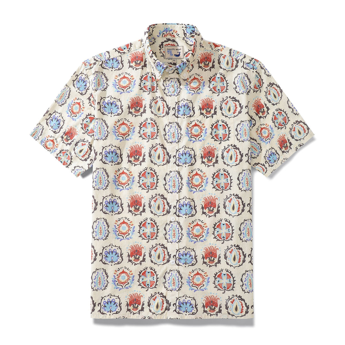 Men's off-white Hawaiian shirt featuring a red, blue, and brown botanical print pattern.