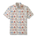 Men's off-white Hawaiian shirt featuring a red, blue, and brown botanical print pattern.