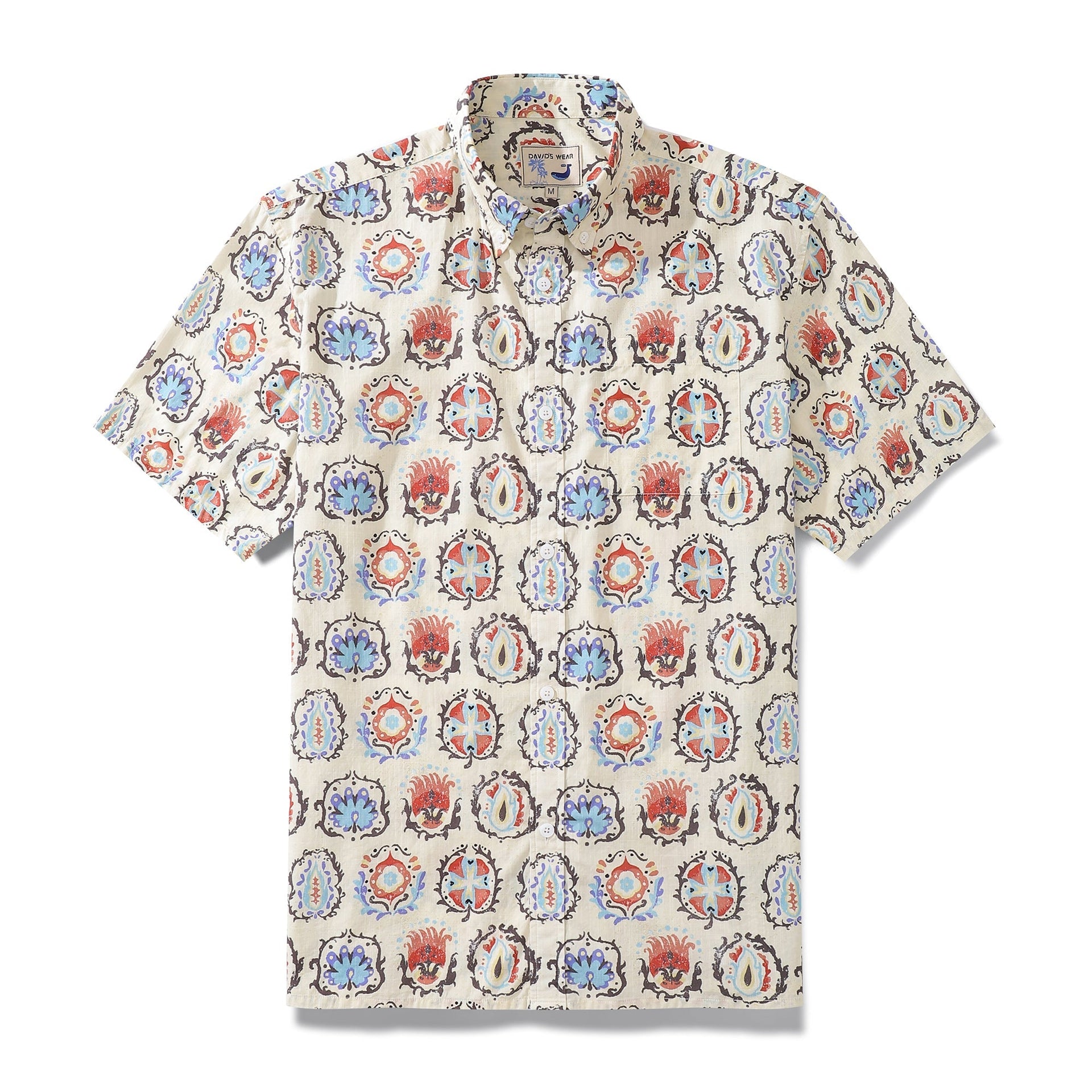 Men's off-white Hawaiian shirt featuring a red, blue, and brown botanical print pattern.