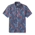 Men's navy blue, maroon, and light blue vintage-style Hawaiian shirt with abstract city print