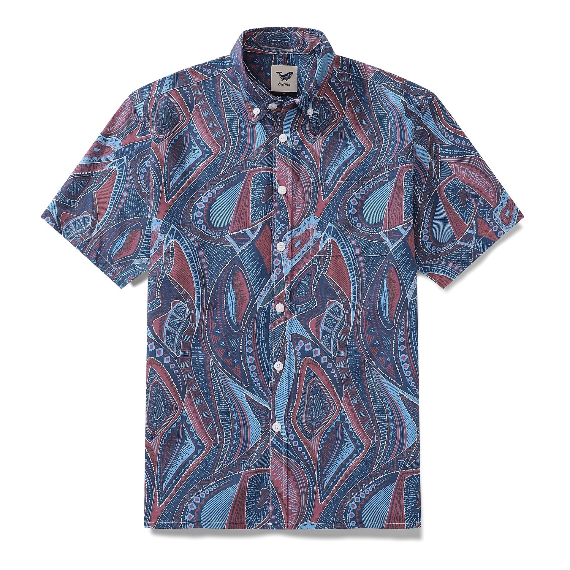 Men's navy blue, maroon, and light blue vintage-style Hawaiian shirt with abstract city print