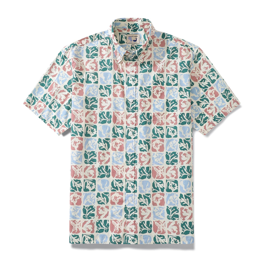 Vintage style men's Hawaiian shirt featuring rose and seal illustrations.