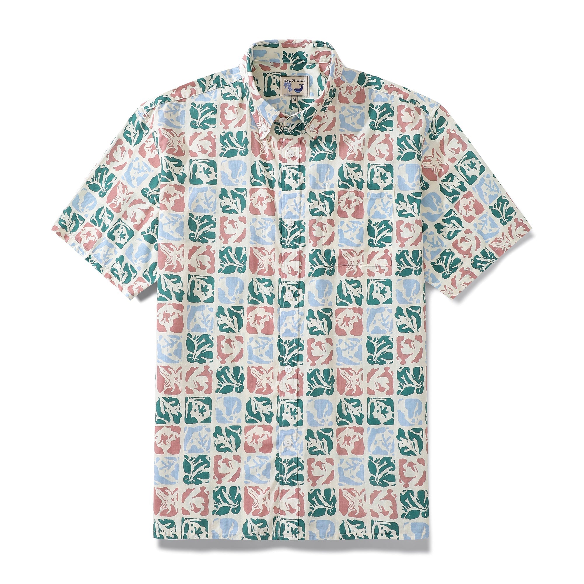 Vintage style men's Hawaiian shirt featuring rose and seal illustrations.
