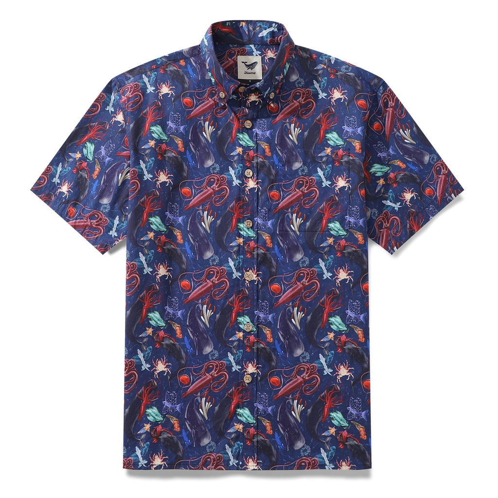 Men's navy blue, red, and teal abstract Hawaiian shirt with whale and squid print