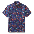 Men's navy blue, red, and teal abstract Hawaiian shirt with whale and squid print
