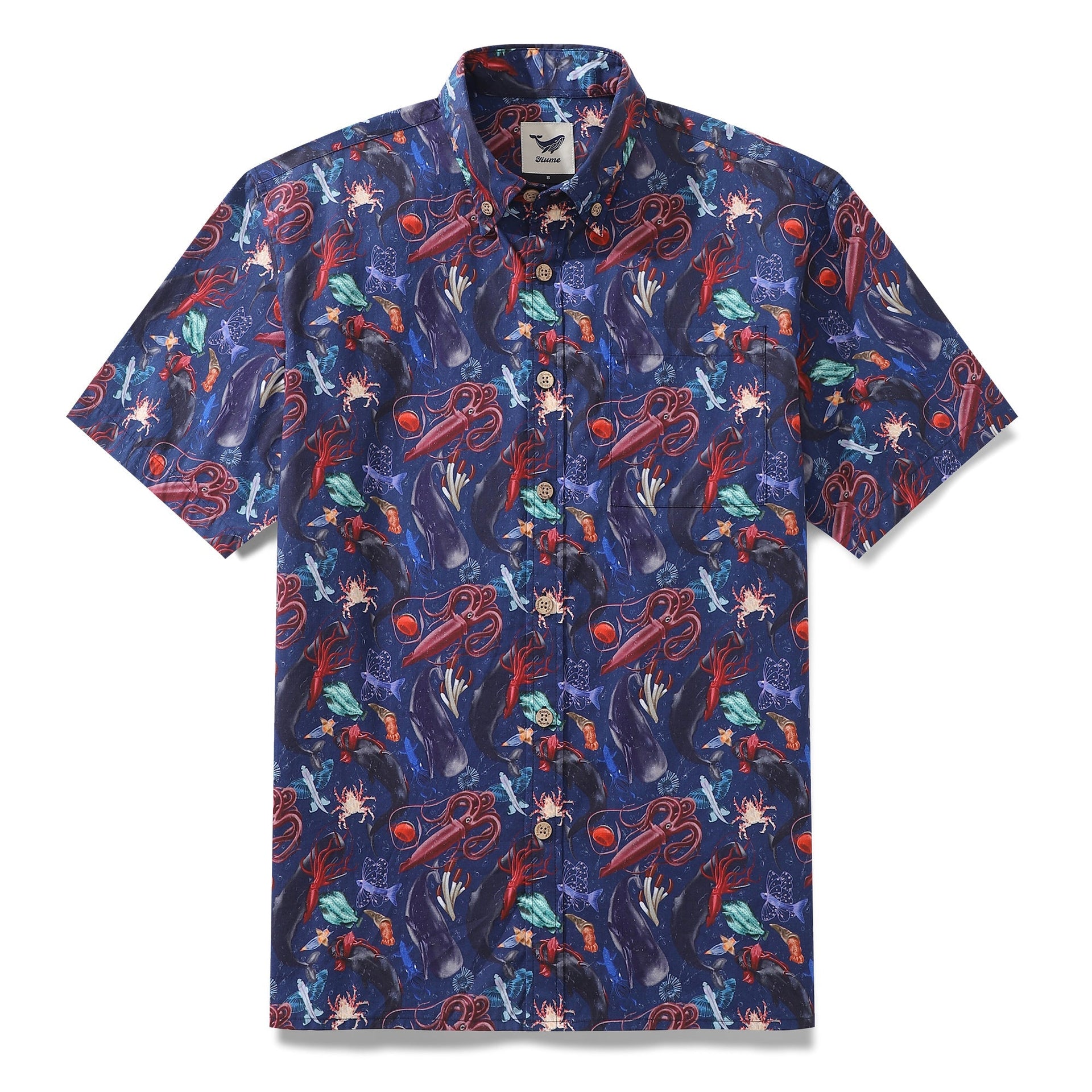 Men's navy blue, red, and teal abstract Hawaiian shirt with whale and squid print