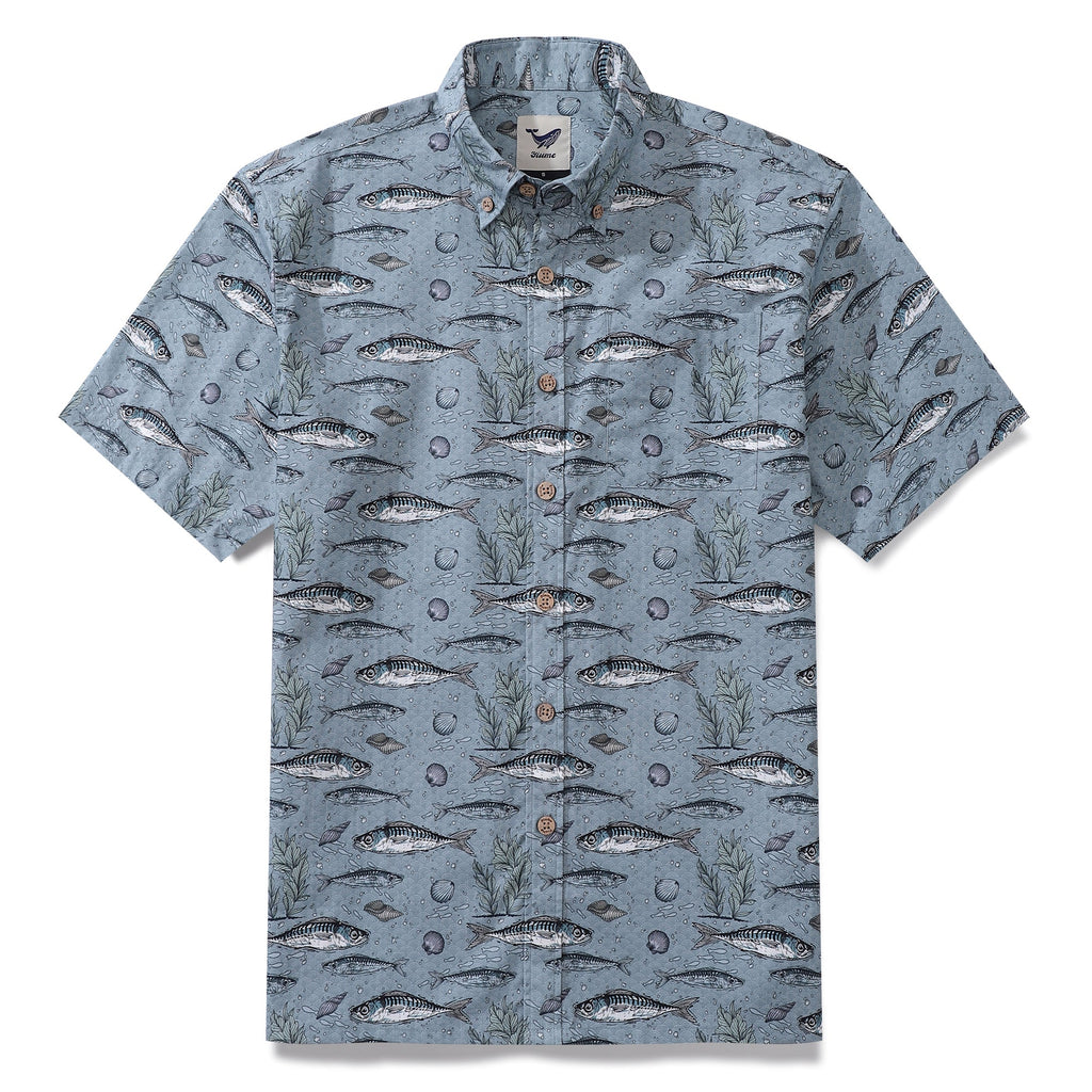 Men's gray short sleeve Hawaiian shirt with a pattern of small fish.