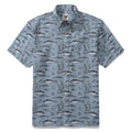 Men's gray short sleeve Hawaiian shirt with a pattern of small fish.