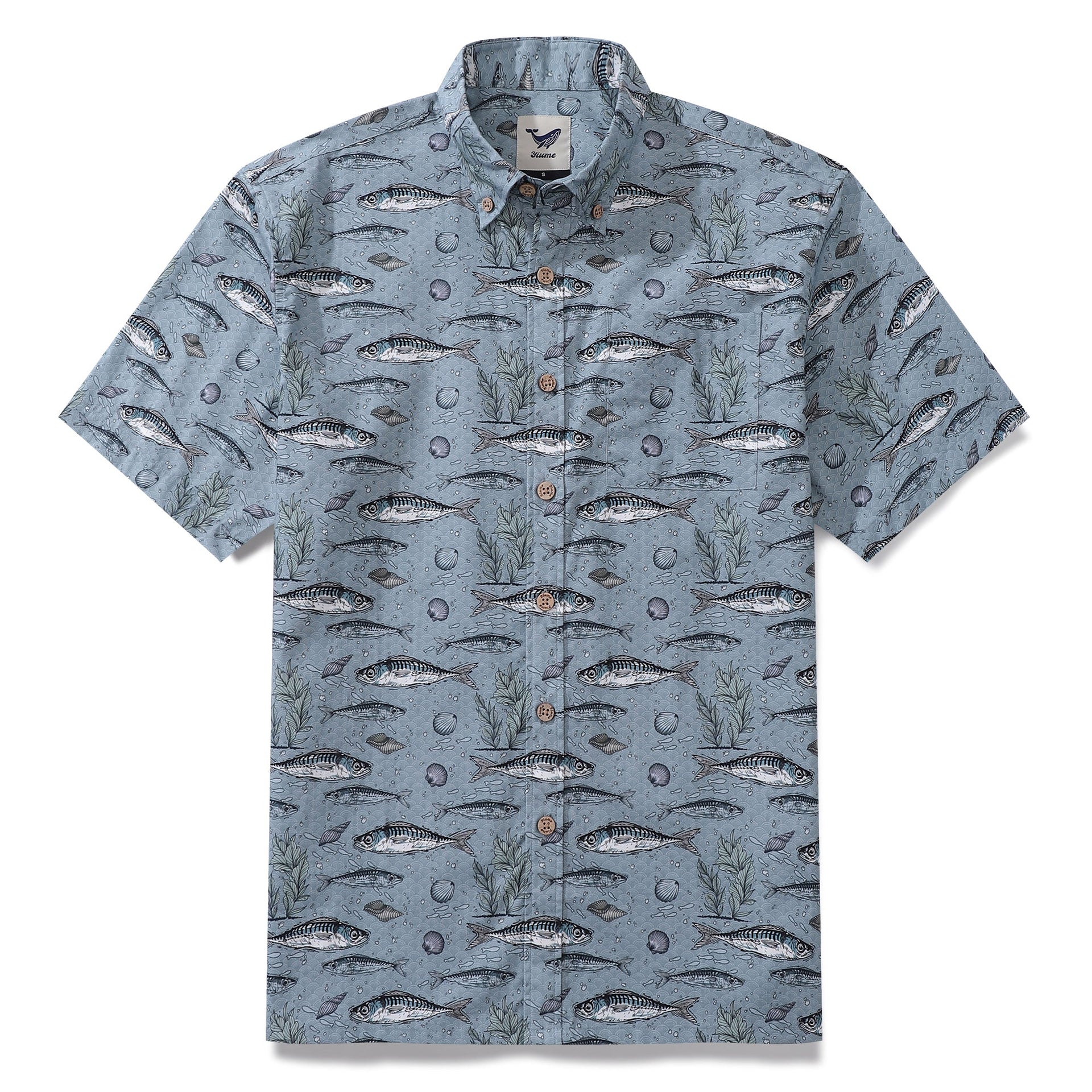 Men's gray short sleeve Hawaiian shirt with a pattern of small fish.