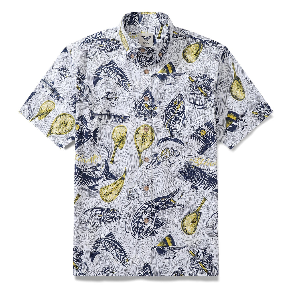 Close up of a men's Aloha shirt with a fishing-themed print on cotton fabric
