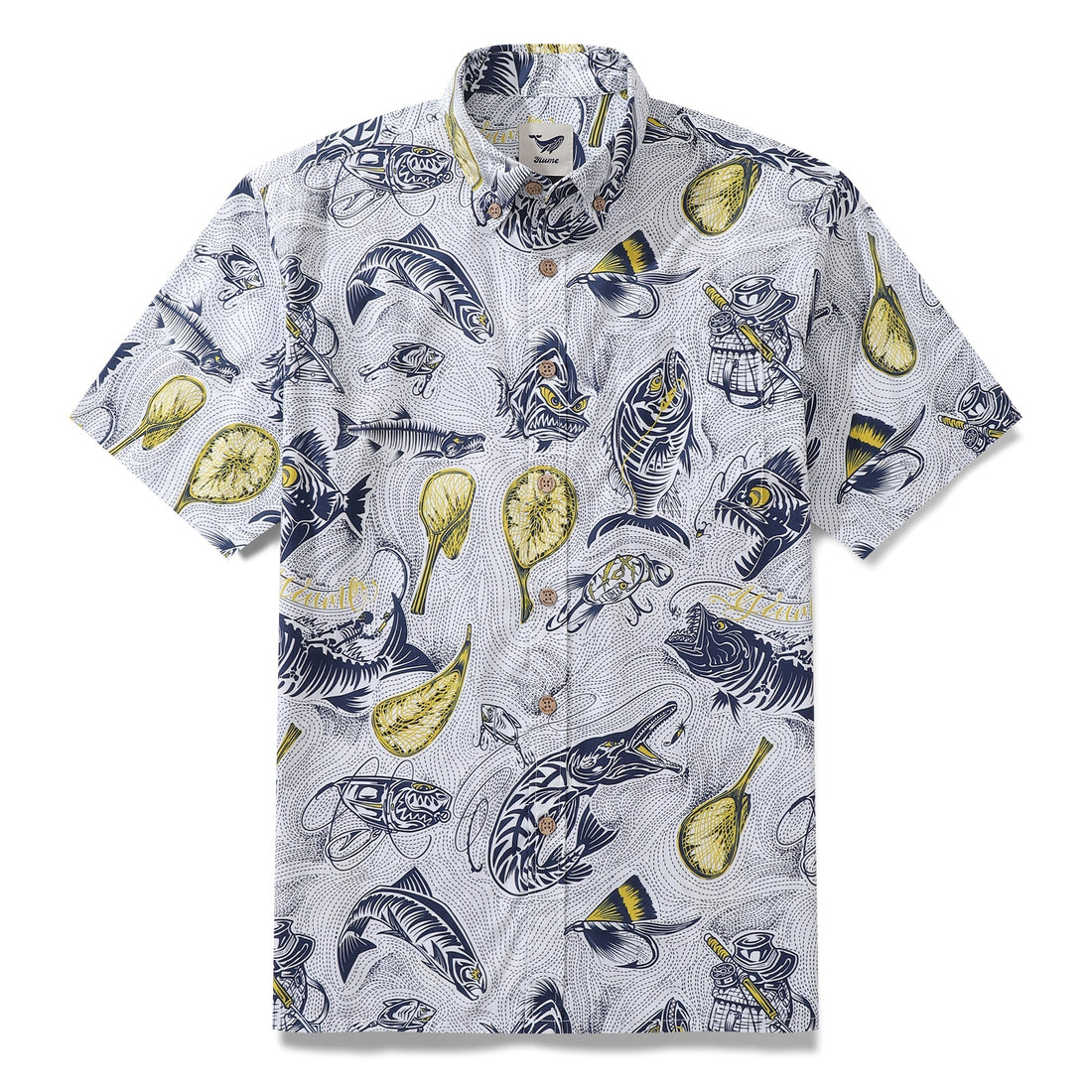 Close up of a men's Aloha shirt with a fishing-themed print on cotton fabric