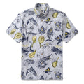Close up of a men's Aloha shirt with a fishing-themed print on cotton fabric