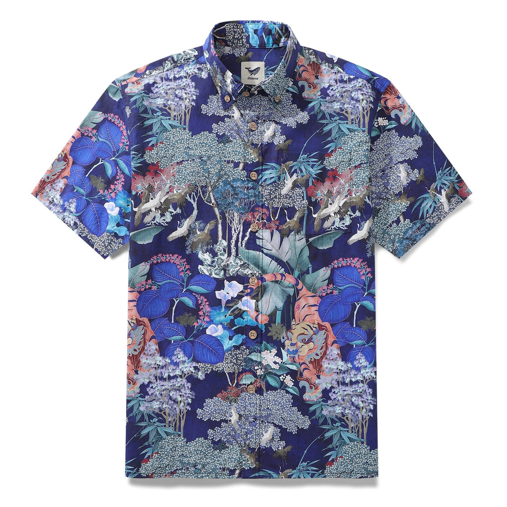 Men's 1950s vintage Hawaiian shirt with tiger print in blue, navy, orange, and white.
