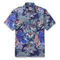 Men's 1950s vintage Hawaiian shirt with tiger print in blue, navy, orange, and white.