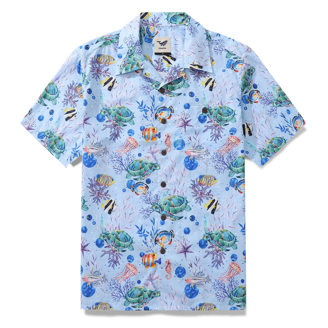Men's vintage Hawaiian shirt with sea turtle and colorful reef fish print on a light blue background