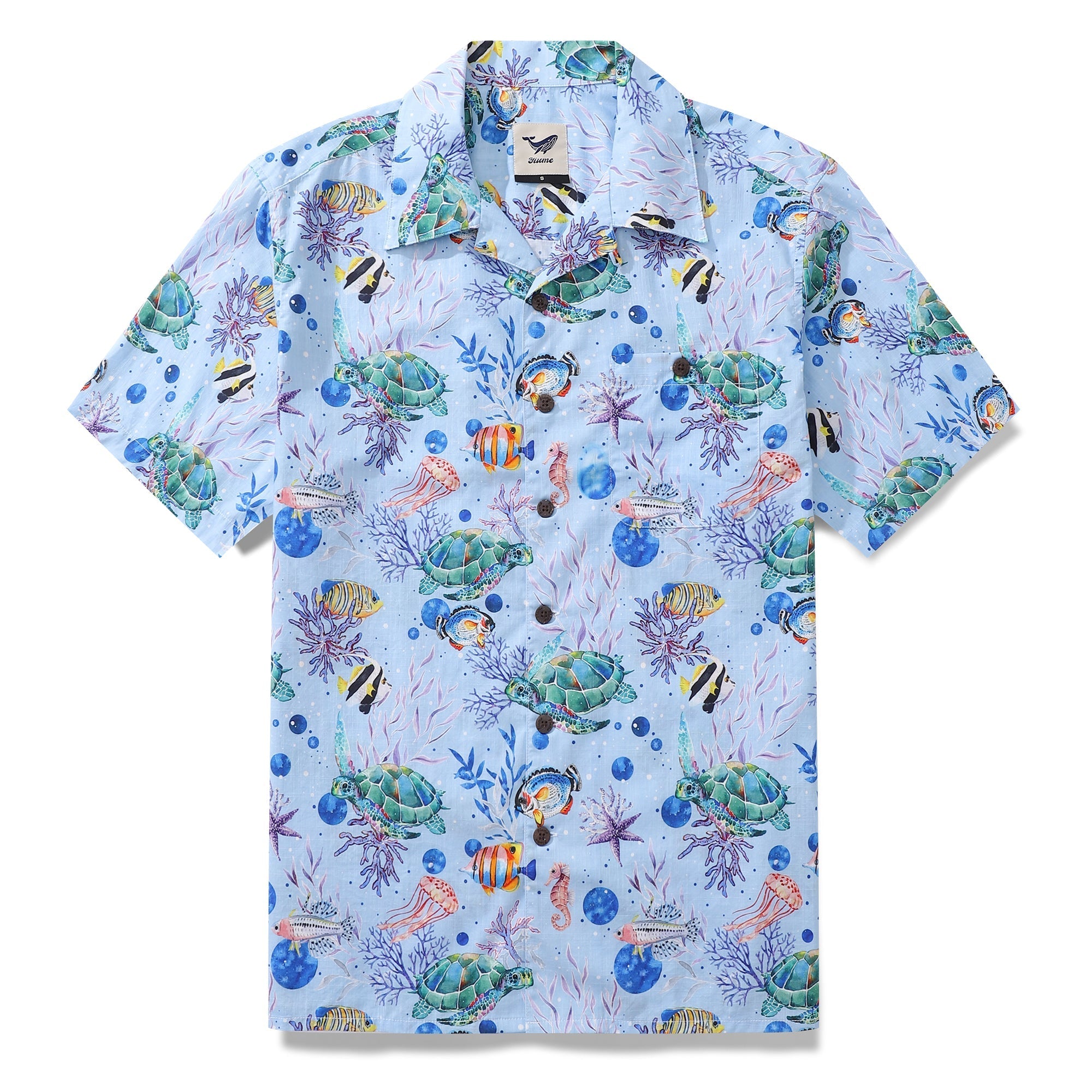 Men's vintage Hawaiian shirt with sea turtle and colorful reef fish print on a light blue background