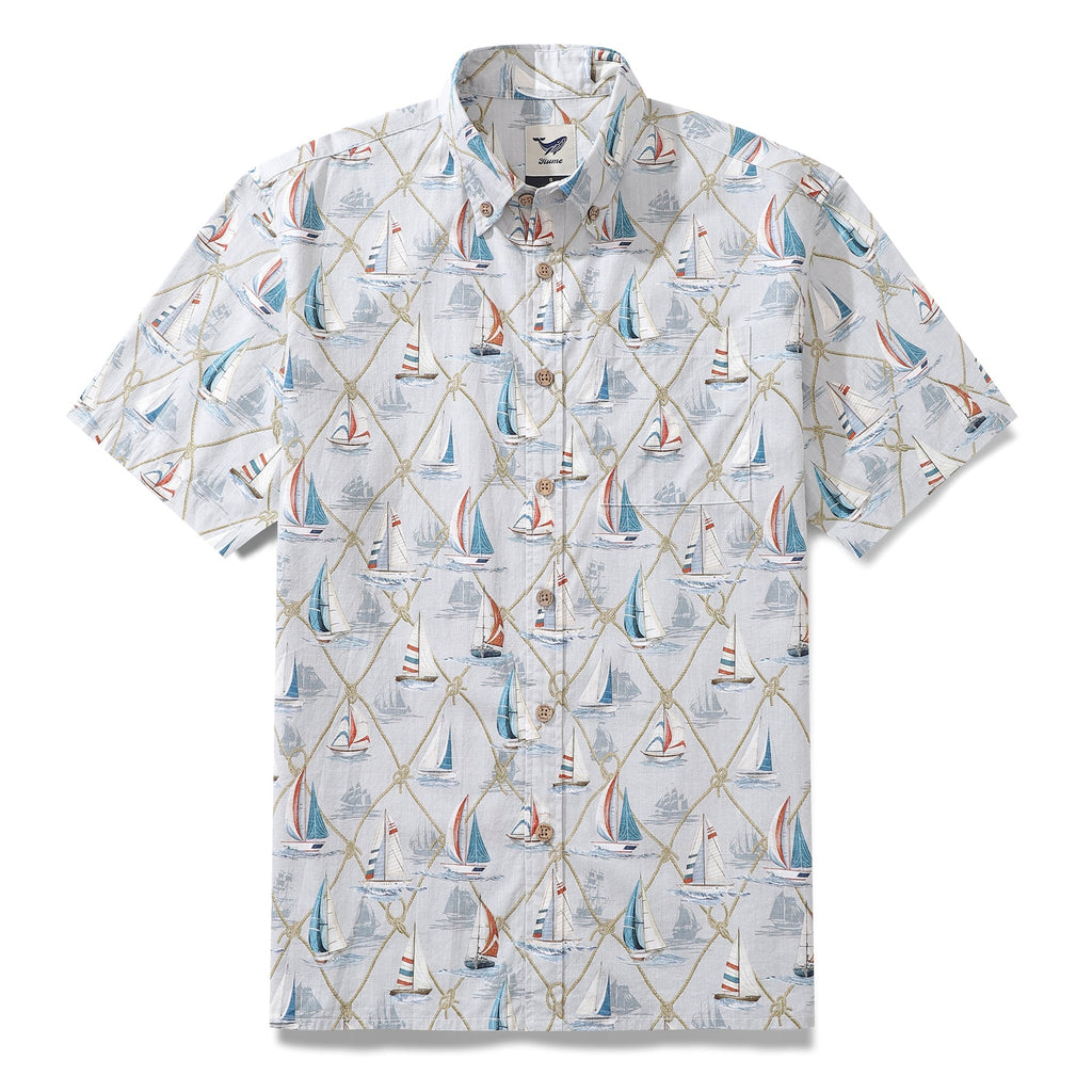 Men's short-sleeve button-down shirt featuring a sailboat and ocean adventure print